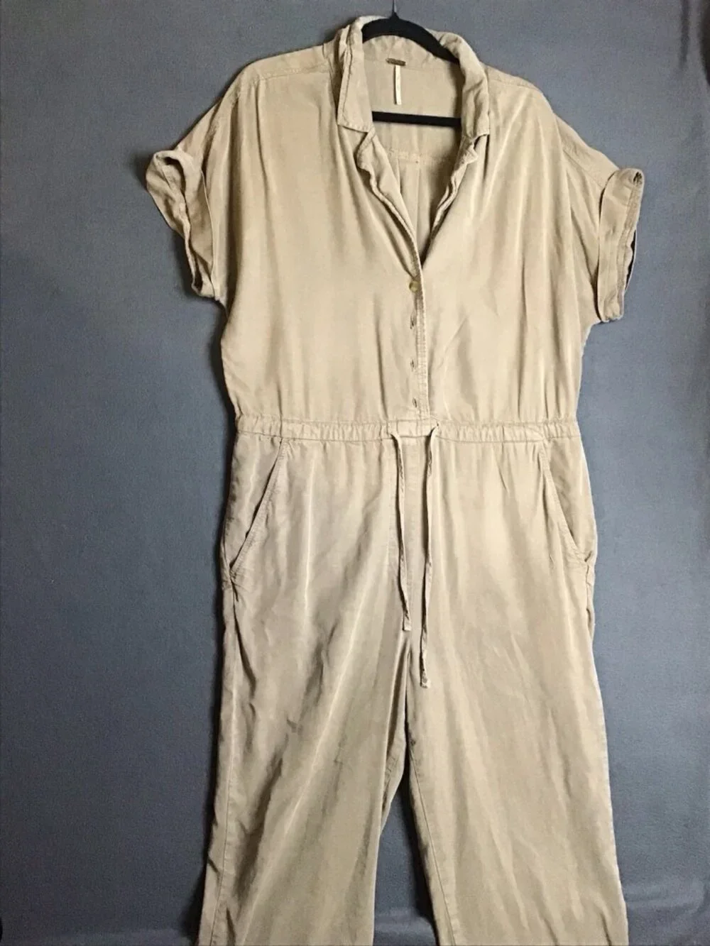 Free People Lottie Jumpsuit M  Tan Neutral Drawstring Waist Straight Leg